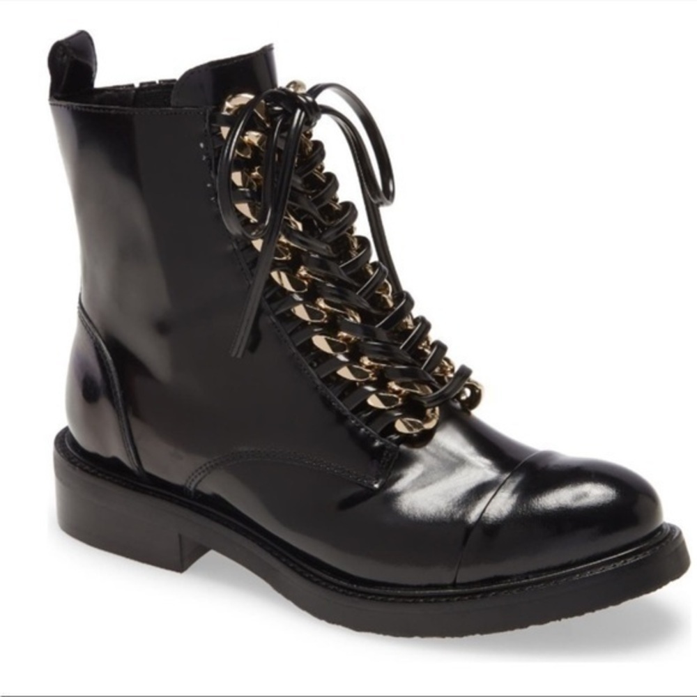 JEFFREY CAMPBELL Damon Lace-Up Bootie Black Box Gold Leather Size 8 US